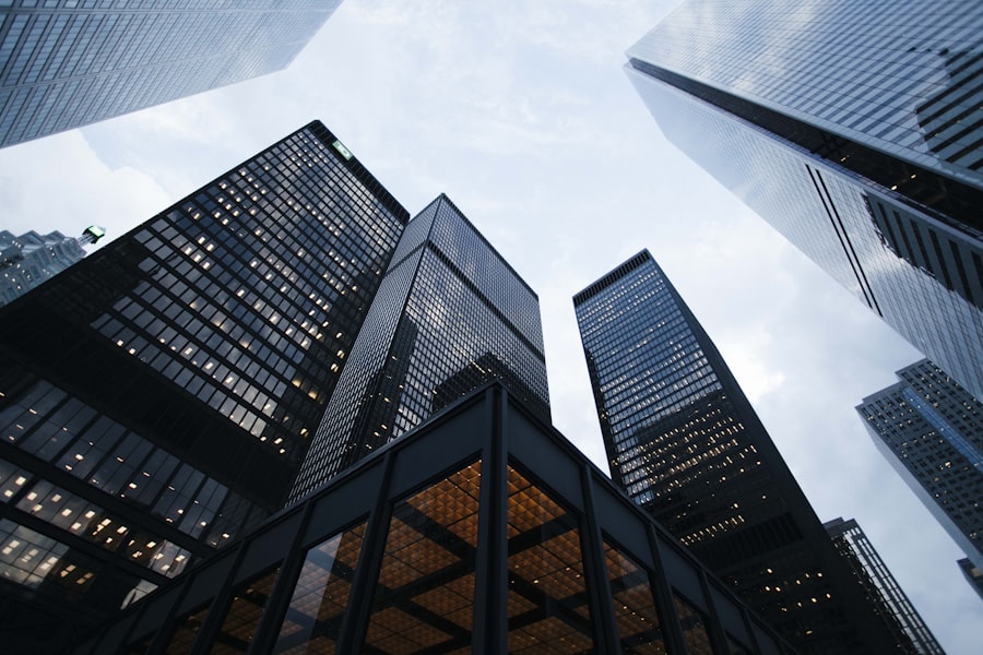 Bright modern glass office buildings against a clear sky